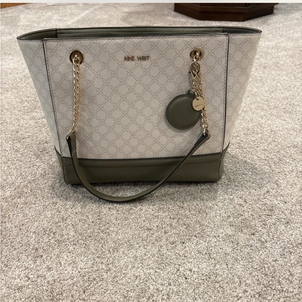 Nine West Cream and Green Tote with Gold Accents